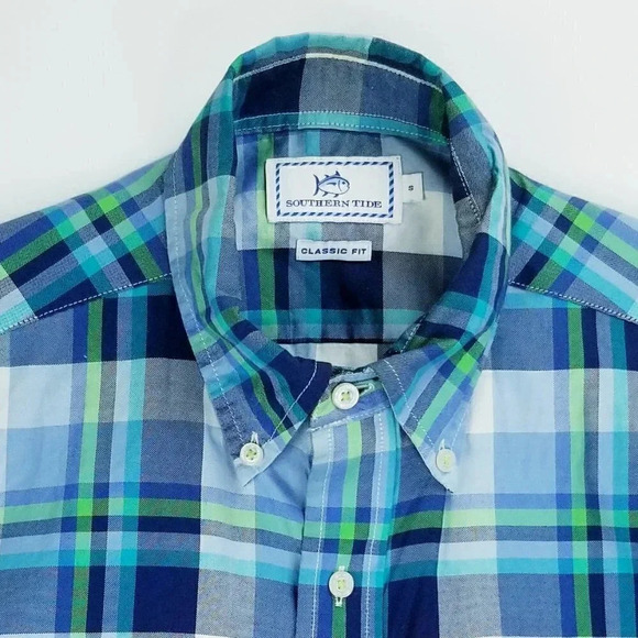 Southern Tide Small Classic Fit Men's Embroidered Pocket Logo Blue Plaid Cotton - Picture 8 of 9